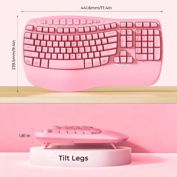 Pink Ergonomic Wireless Keyboard with Wrist Rest