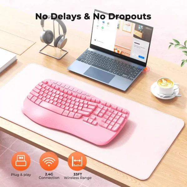 Pink Ergonomic Wireless Keyboard with Wrist Rest