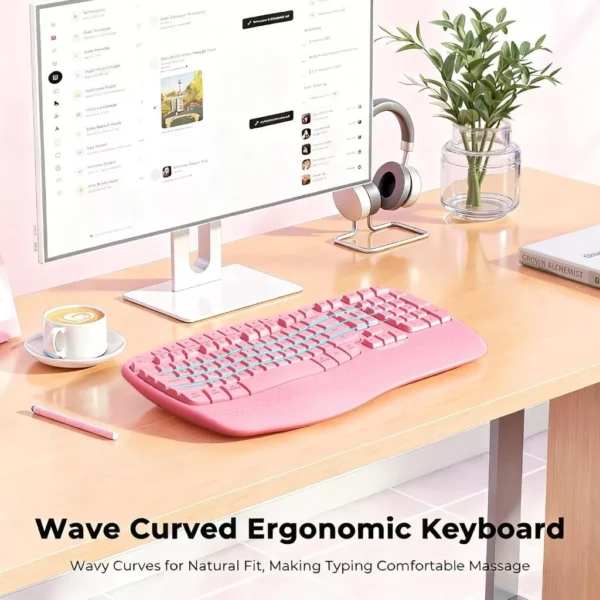 Pink Ergonomic Wireless Keyboard with Wrist Rest