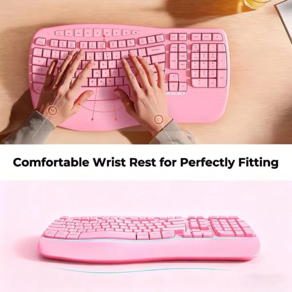 Pink Ergonomic Wireless Keyboard with Wrist Rest