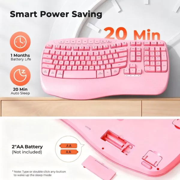 Pink Ergonomic Wireless Keyboard with Wrist Rest